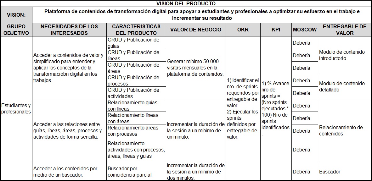 plantilla que muestra como se debe diligenciar el documento para el lienzo de la visión del producto