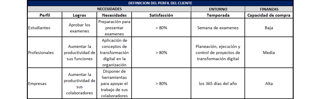 plantilla que muestra como se debe diligenciar el documento para la definición del perfil del cliente
