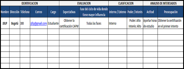 plantilla que muestra como se debe diligenciar el documento para el análisis de interesados