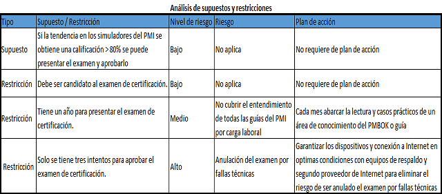 plantilla que muestra como se debe diligenciar el documento para el análisis de supuestos y restricciones