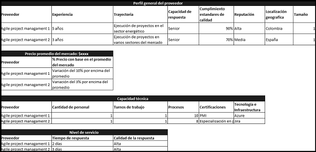 plantilla que muestra como se debe diligenciar el documento para el análisis selección de proveedores 