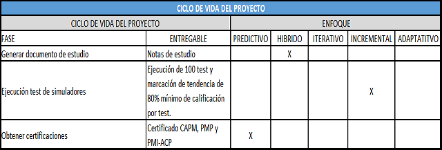 plantilla que muestra como se debe diligenciar el documento para la descripción del ciclo de vida del proyecto