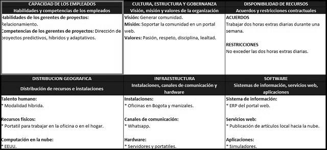 plantilla que muestra como se debe diligenciar el documento para el factor ambiental interno: capacidad de los empleados