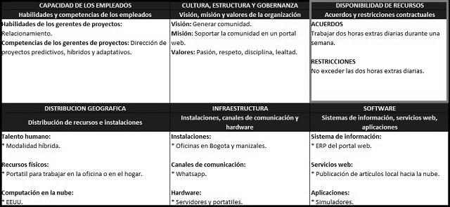 plantilla que muestra como se debe diligenciar el documento para el factor ambiental interno: disponibilidad de recursos