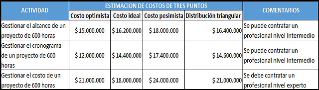 plantilla que muestra como se debe diligenciar el documento para las estimaciones de costos independientes