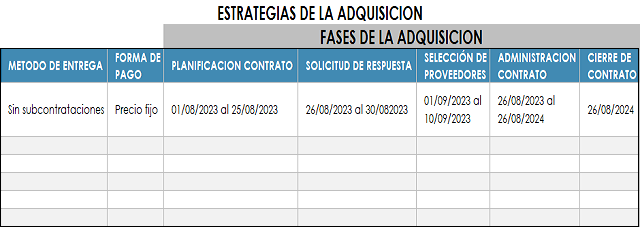 plantilla que muestra como se debe diligenciar el documento para las estrategias de las adquisiciones