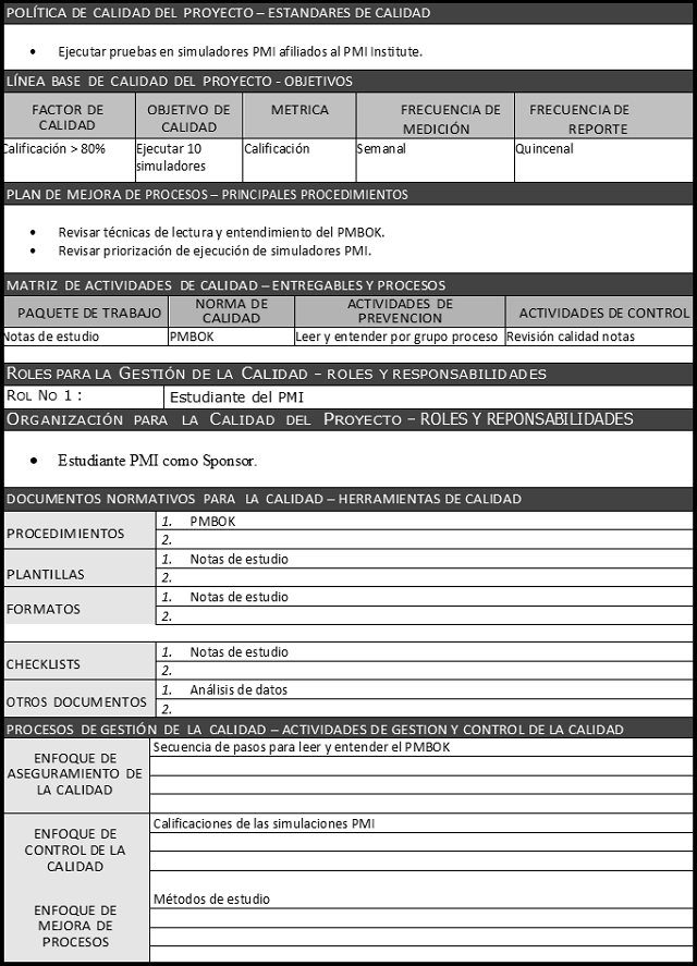 plantilla que muestra como se debe diligenciar el documento para el plan de gestión de la calidad