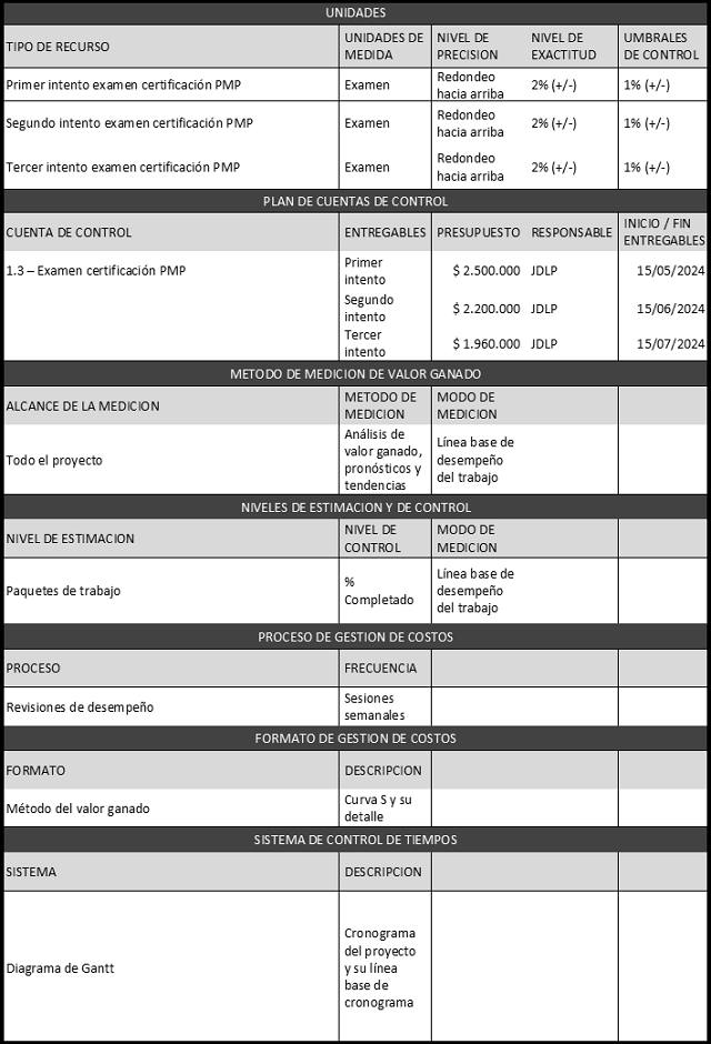 plantilla que muestra como se debe diligenciar el documento para el plan de gestión de los costos