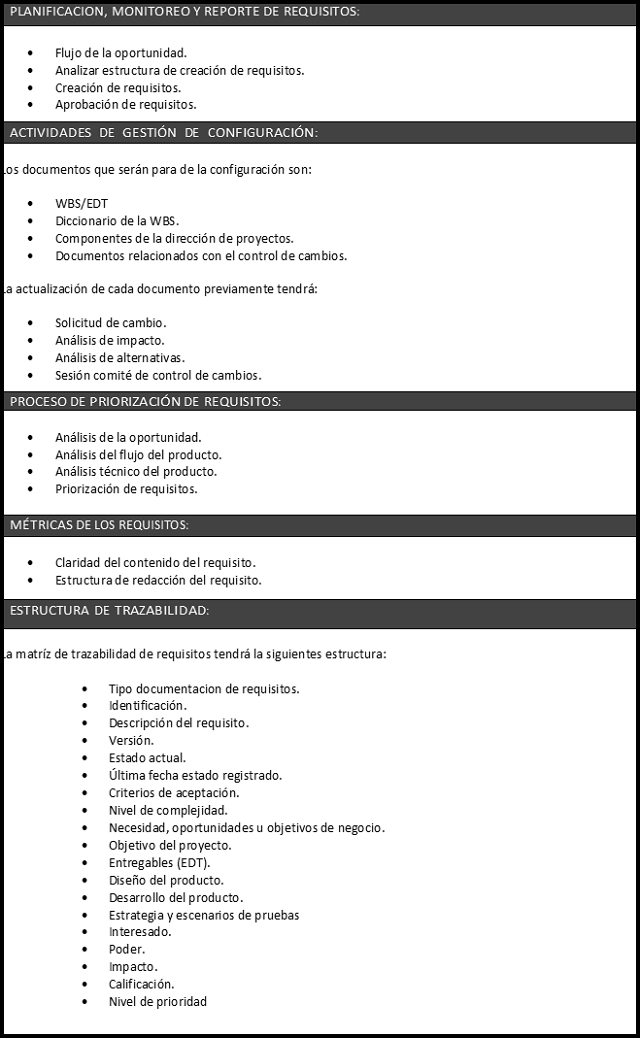 plantilla que muestra como se debe diligenciar el documento para el plan de gestión de los requisitos
